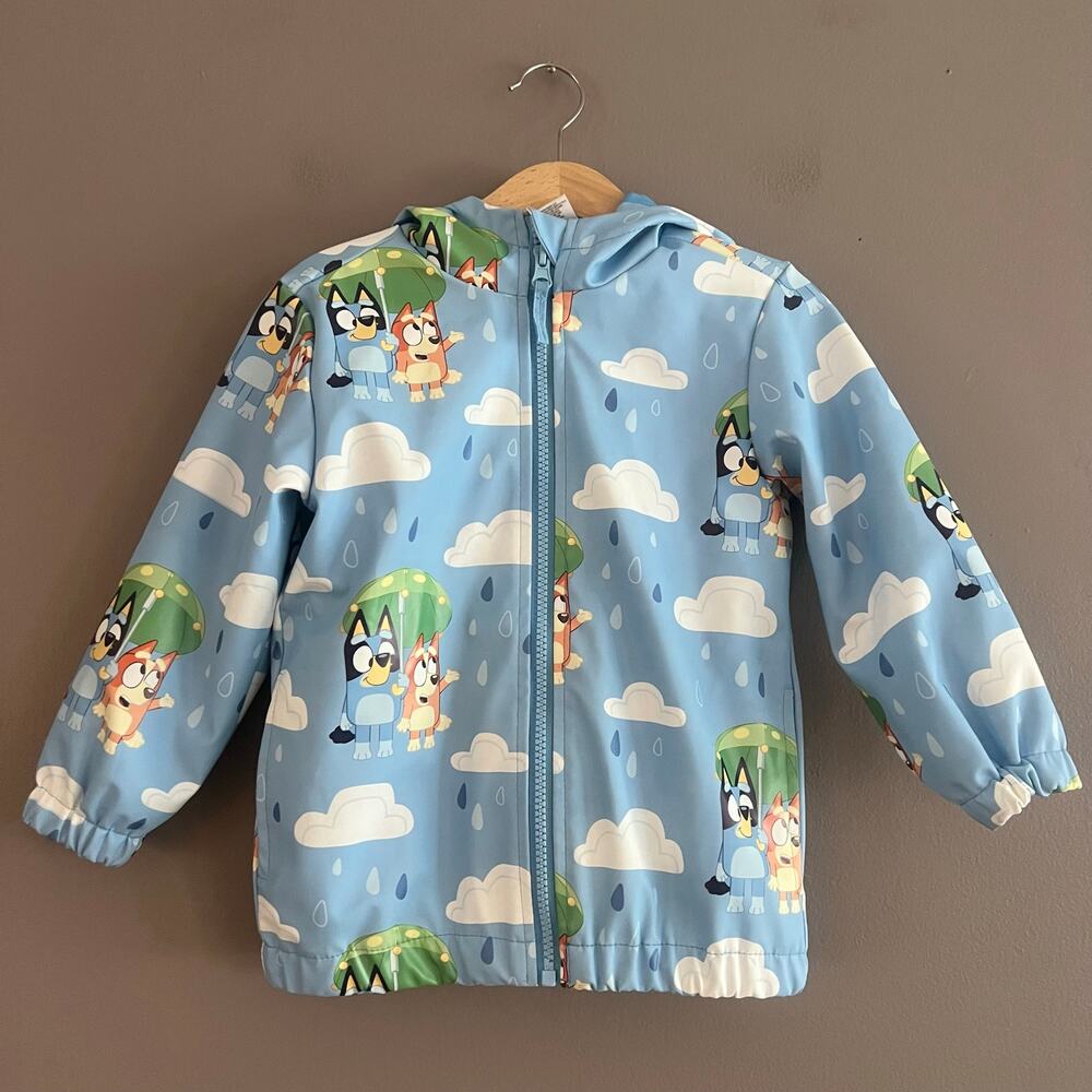 Bluey Kids Hooded Rain Jacket Water Resistant Pockets Lightweight Coat 3Y